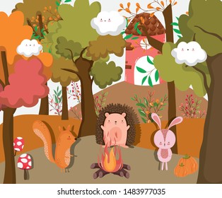  autumn season animals in forest flat design