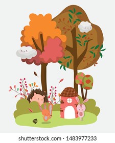  autumn season animals in forest flat design