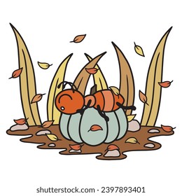 Autumn season ants working together. Fall environment with golden leaves, pumpkins.