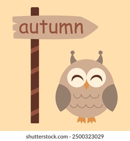 Autumn season. A baby owl and an Autumn sign. Cute cosy design element, sticker, greeting card