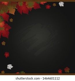 Autumn Season Background Copy Space Black Board With Red and Green Leafs Corner Border and Wooden Top and Bottom Frame