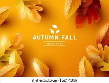 Autumn season background design with golden falling autumn leaves and room for text. Vector illustration