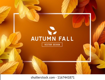 Autumn season background frame with falling autumn leaves and room for text. Vector illustration