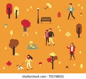 Autumn season background with people. Flat style vector illustration.