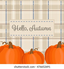 Autumn season background with pumpkin and plaid fabric. Hello autumn