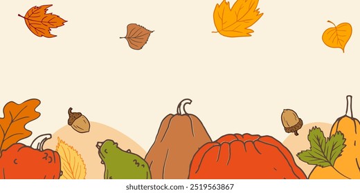 Autumn season background with pumpkins and Fall leaves. Best for posters, banners, cards, and packaging design. Ideal for creative, decorative, and elegant projects.