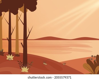 Autumn Season Background With Trees And Sun Rays. Vector.