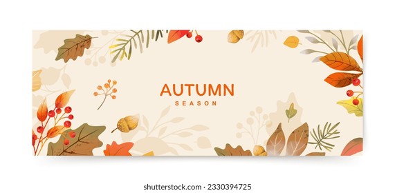 Autumn season background with watercolor leaves, branches and berries. Creative fall banner. Vector illustration