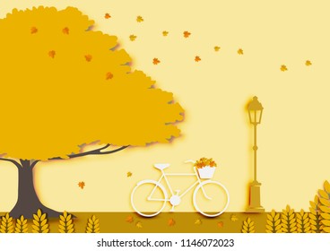 Autumn season background with white bicycle and paper art design vector and illustration