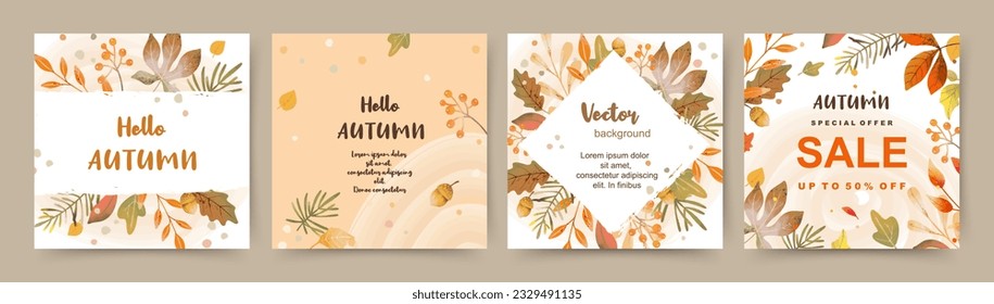 Autumn season backgrounds with colorful watercolor leaves and berries. Fall square templates for greeting card and invitation. Thanksgiving and harvest sale on social media. Vector illustration