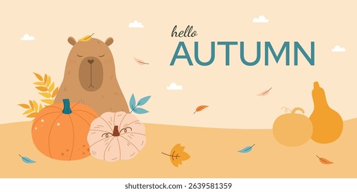 Autumn season banner with capybara in pumpkins