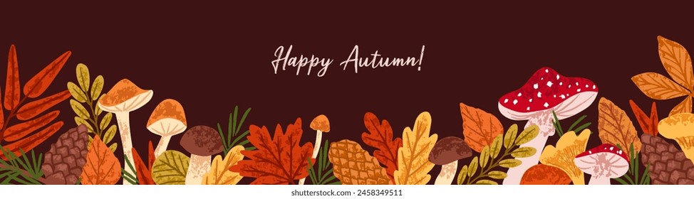 Autumn season banner with frame of different twig of forest trees, mushrooms, golden foliage. Background with border of dry leaves, fir cones, boletus. Fall nature decoration. Flat vector illustration svg