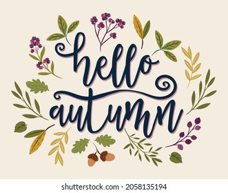 Autumn season banner. Greeting card with falling leaves and inscription " Hello autumn". Background for fall season. Autumn harvest. Vector illustration.