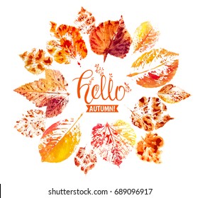 Autumn season banner. Greeting card with inscription Hello, Autumn and hand drawn watercolor fall leaves. Modern design poster with watercolor colorful imprints foliage of yellow, orange and red color