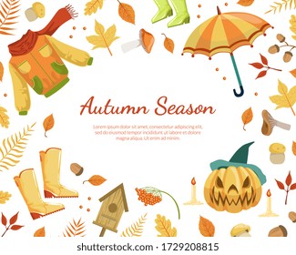 Autumn Season Banner Template with Colorful Leaves and Space for Text, Fall Season Shopping Promotional Leaflet, Flyer, Invitation Card, Advertising Vector Illustration