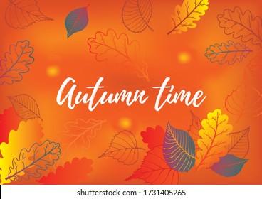 Autumn season banner template with colorful orange leaves and space for text. Fall season shopping promotional leaflet, flyer, invitation card, advertising vector illustration