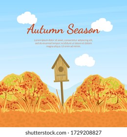 Autumn Season Banner Template with Fall Trees, Birdhouse and Space for Text, Seasonal Promotional Leaflet, Flyer, Invitation Card, Proposition from Store Vector Illustration