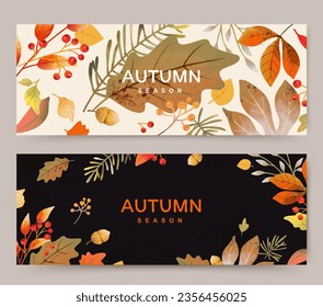 Herbstbanner mit gelben und orangefarbenen Blättern, Ästen und Beeren. Hintergründe für kreative Herbstfälle. Vektorgrafik