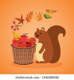 autumn season basket with apples and chipmunk vector illustration design