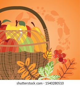 autumn season basket with fruits icons vector illustration design