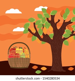autumn season basket with fruits icons vector illustration design
