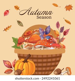 Autumn season basket with mushrooms, leaves, and pumpkins in colorful fall harvest. Happy Thanksgiving. Vibrant leaves and foliage on modern background. Vector illustration