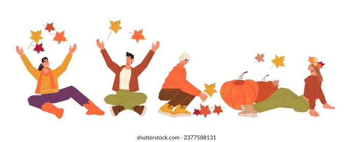 Autumn season beauty, characters of people explore parks and forests amidst the season of falling leaves, vector illustration isolated on white background. Autumn joy for sales and events banners.