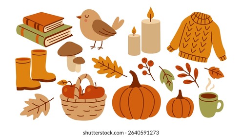 Autumn Season. Bird, Basket with Apples, Candles, warm knitted Sweater, Coffee, Pumpkins, Mushrooms, Rubber Boots, Books. October forest. Collection of fall elements in Hand drawn style