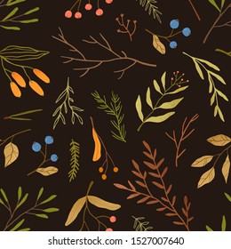 Autumn season botany flat vector seamless pattern. Dried leaves and branches texture. Blueberries twigs on black background. Fall season herbarium texture. Forest berries textile, wallpaper design.