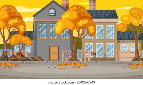 Autumn season with building in town illustration