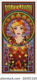 Autumn season card with girl in style art deco, vector illustration