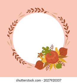 Autumn season card. Greeting card with hand drawn pumpkin and leaves. Floral frame. Illustrationin yellow, orange and red colors