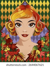 Autumn season card with woman in style art deco, vector illustration
