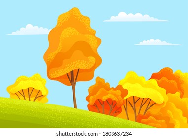 Autumn season cartoon country landscape with high trees, lush bushes grow on a slope, green field or meadow in front of the yellow forest. Lovely rural nature clear day vector flat illustration