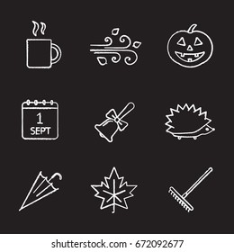 Autumn season chalk icons set. Hot drink mug, pumpkin, wind blowing, school bell, hedgehog, umbrella, maple leaf. Isolated vector chalkboard illustrations