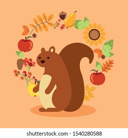 autumn season chipmunk with leafs vector illustration design