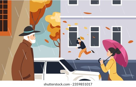 Autumn season in city, town with trees with yellow falling leaves. People with umbrellas, hiding from the rain. Cityscape with street and transport, buildings and citizens. Vector in flat style