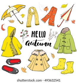 Autumn season clothes set. Hand drawn doodles and lettering vector illustration