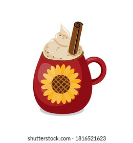 Autumn season coffee beverage with whipped cream and cinnamon stick. Vector illustration