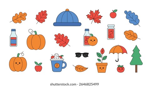 Autumn Season Collection Featuring Pumpkins Leaves Warm Hat Drinks Umbrella and Potted Plant