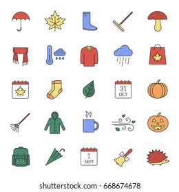 Autumn season color icons set. September 1 and October 31. Warm clothes, autumn sale, leaves, umbrella, calendar, rake, sale, rainy weather. Isolated vector illustrations