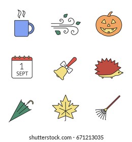 Autumn season color icons set. Hot drink mug, pumpkin, wind blowing, school bell, hedgehog, umbrella, maple leaf, rake, September 1 calendar. Isolated vector illustrations