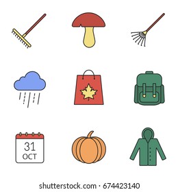 Autumn season color icons set. Rake, mushroom, rainy cloud, backpack, October 31 calendar, pumpkin, raincoat, autumn shopping. Isolated vector illustrations