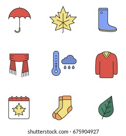 Autumn season color icons set. Umbrella, warm socks, maple leaf, watertight, scarf, sweater, autumn weather and calendar. Isolated vector illustrations