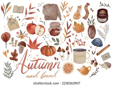 Autumn season colourful wallpaper vector mood board doodles. Watercolor hand drawn pack isolated. fall cozy vibes icons set elements, leaves, pumpkin, sweater, apple, fox ideal for house decoration