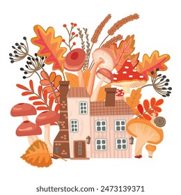 Autumn season composition with forest house.Botanical background with mushrooms,leaves,twig,berries.Cartoon print with wild plants, rural magical building,snail.Vector design for card,cover,art decor.