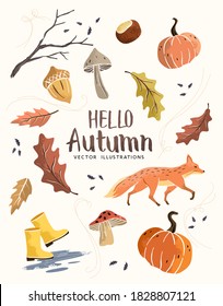 Autumn season composition hand crafted fall elements with leaves, mushrooms and pumpkins. vector illustration.