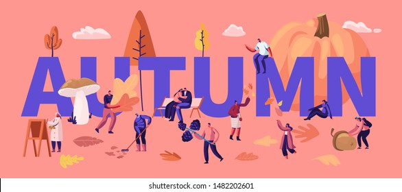 Autumn Season Concept. Happy Characters Spend Time Outdoors Pick Up Fallen Leaves, Mushrooms, Berries, Pumpkin. Fall Outdoor Activity Poster Banner Flyer Brochure. Cartoon Flat Vector Illustration