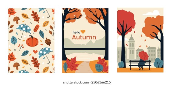 Conjunto de concepto de temporada de otoño. Pósters colección con mujer sosteniendo el paraguas en el parque, hermoso paisaje de otoño y patrón. Ilustración vectorial dibujada a mano.