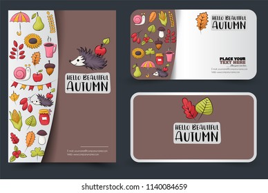 Autumn season corporate identity design set. Flyer and business card template. Banners for shopping or sale. Vector illustration.